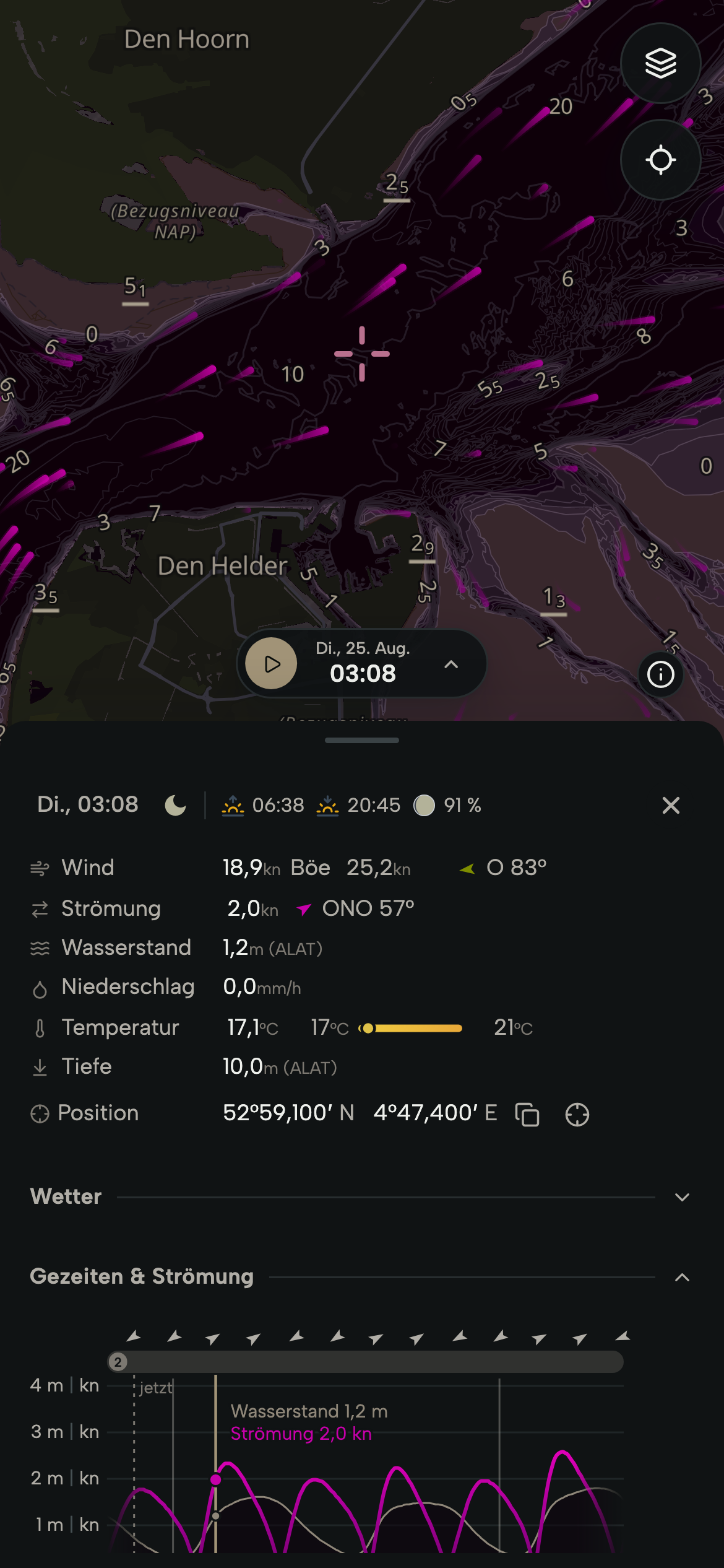 Smartphone mit dem Gezeitenstrom durch das Marsdiep zwischen Den Helder und Texel über der Tiefenkarte sowie einem Diagramm mit Wasserstand und Strömung für einen ausgewählten Punkt.