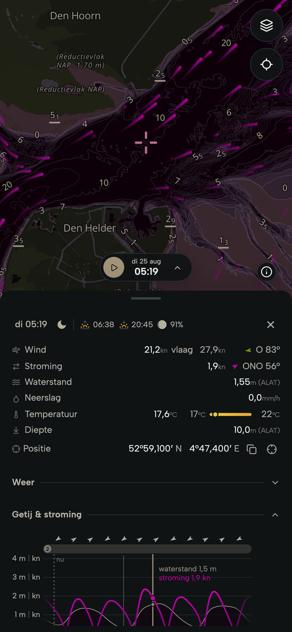 Telefoon met de getijstroom door het Marsdiep tussen Den Helder en Texel over de dieptekaart, en de grafiek met getij en stroming voor een gekozen punt.