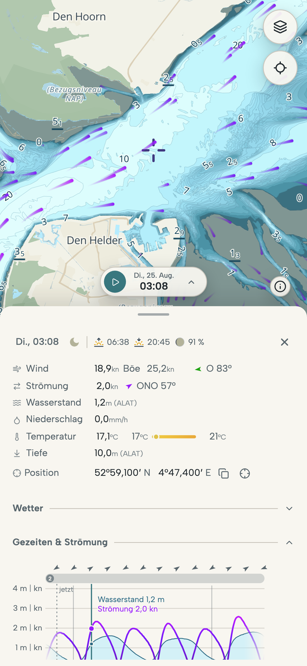 Smartphone mit dem Gezeitenstrom durch das Marsdiep zwischen Den Helder und Texel über der Tiefenkarte sowie einem Diagramm mit Wasserstand und Strömung für einen ausgewählten Punkt.