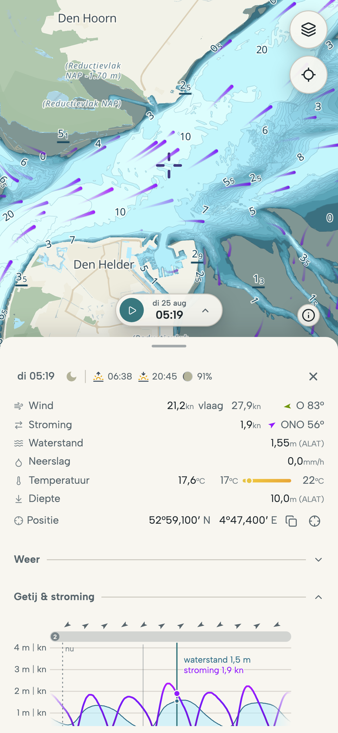 Telefoon met de getijstroom door het Marsdiep tussen Den Helder en Texel over de dieptekaart, en de grafiek met getij en stroming voor een gekozen punt.