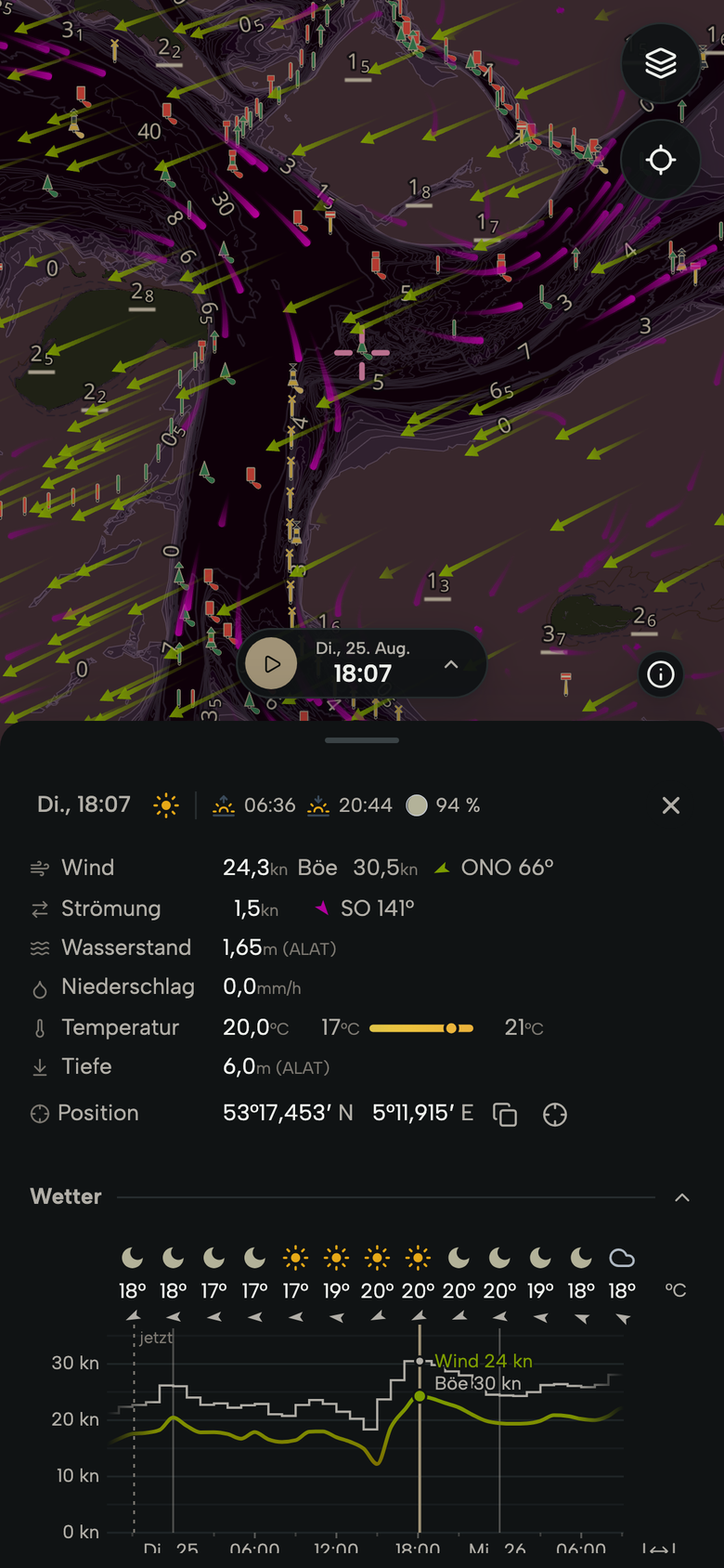 Smartphone mit einem ausgewählten Punkt im Vlie zwischen Vlieland und Terschelling, dazu Wind, Strömung, Wasserstand, Temperatur, Tiefe und die Vorhersage für die nächsten Stunden.