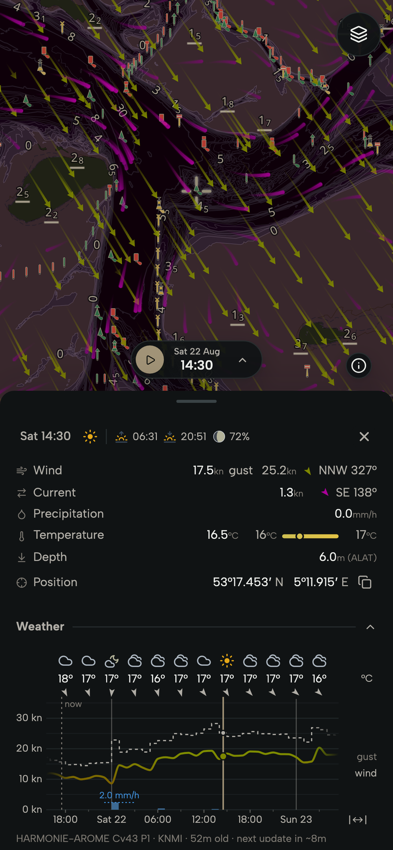 Phone with a tapped point in the Vlie, between Vlieland and Terschelling: wind, current, temperature and depth, with the forecast for the coming hours.