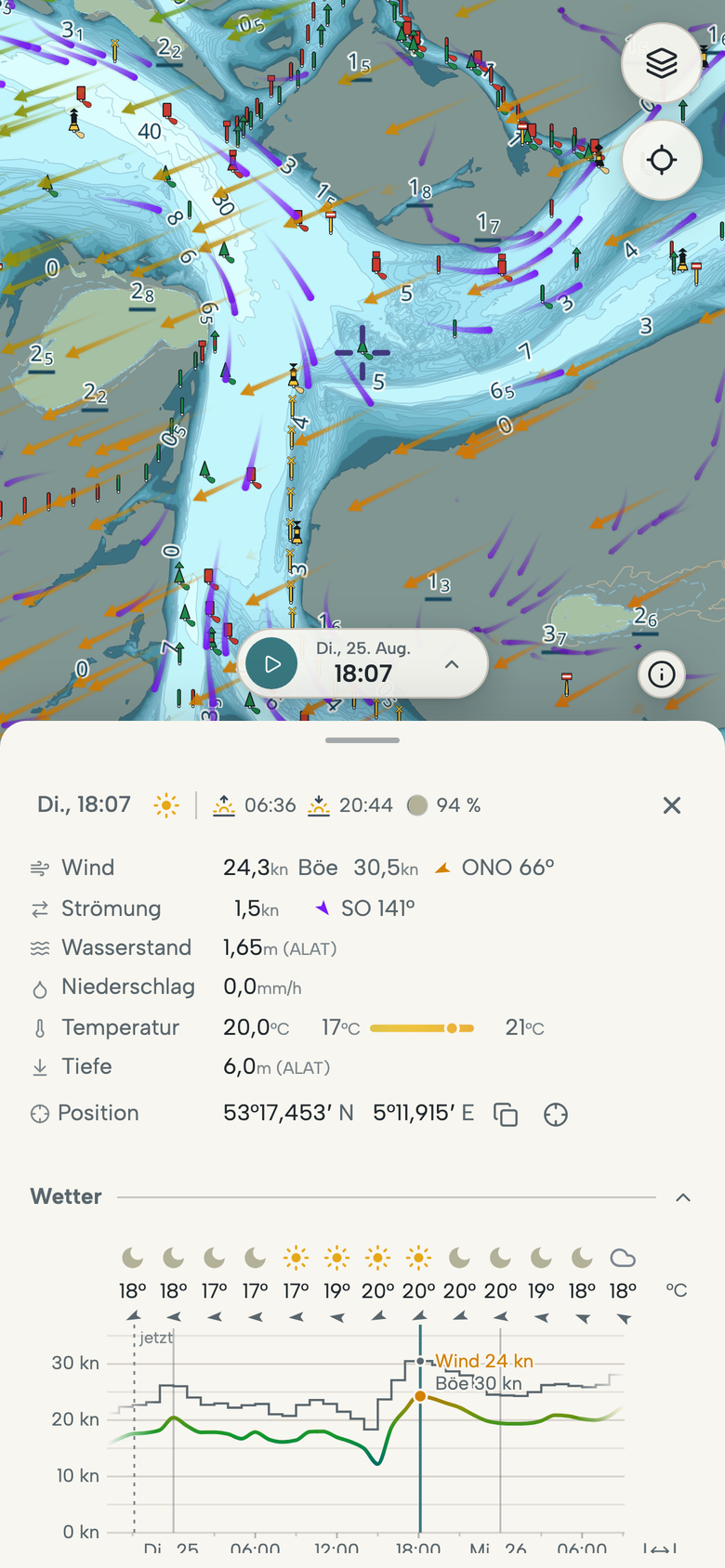 Smartphone mit einem ausgewählten Punkt im Vlie zwischen Vlieland und Terschelling, dazu Wind, Strömung, Wasserstand, Temperatur, Tiefe und die Vorhersage für die nächsten Stunden.