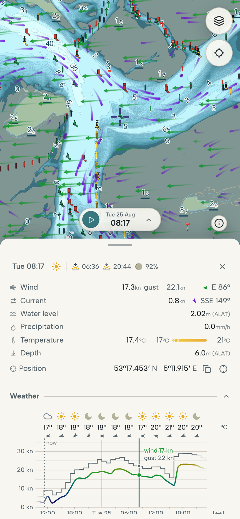 Phone showing a selected point in the Vlie, between Vlieland and Terschelling, with wind, current, water level, temperature, depth and the forecast for the coming hours.