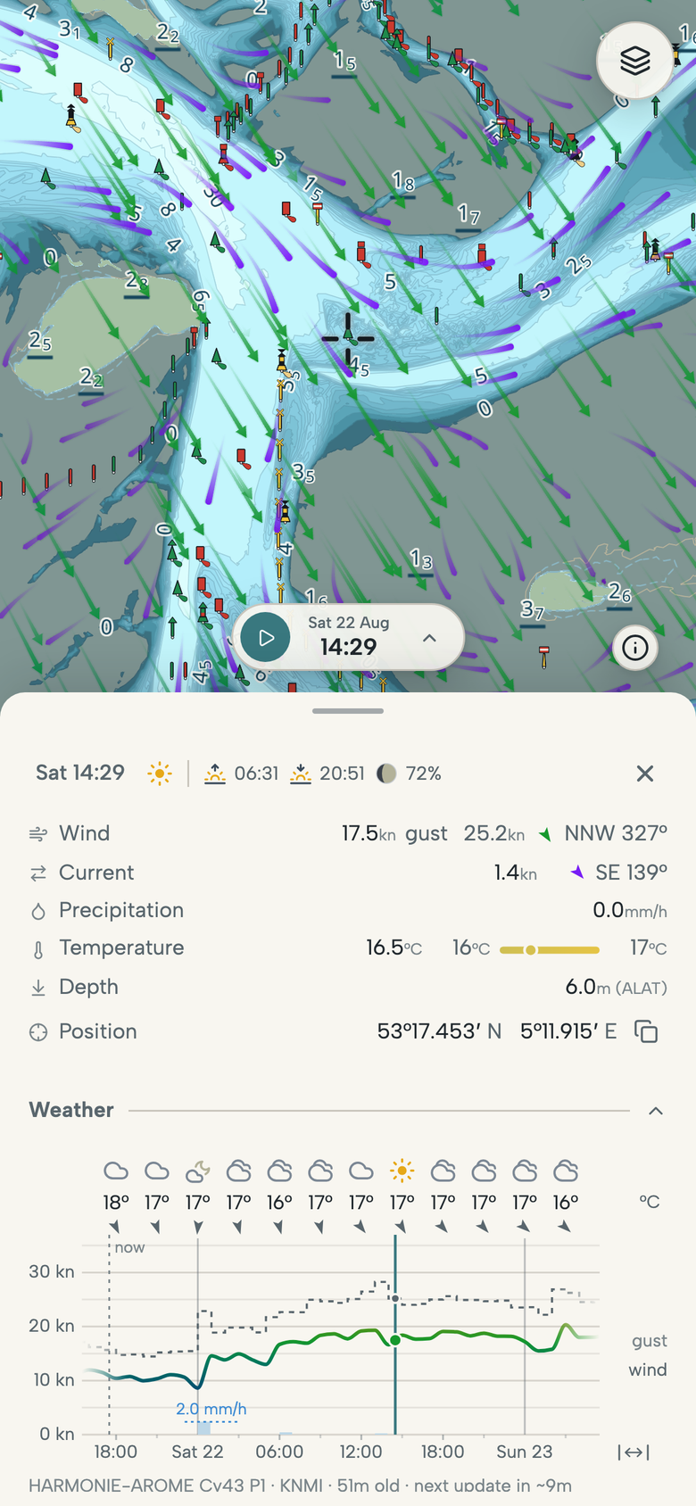Phone with a tapped point in the Vlie, between Vlieland and Terschelling: wind, current, temperature and depth, with the forecast for the coming hours.