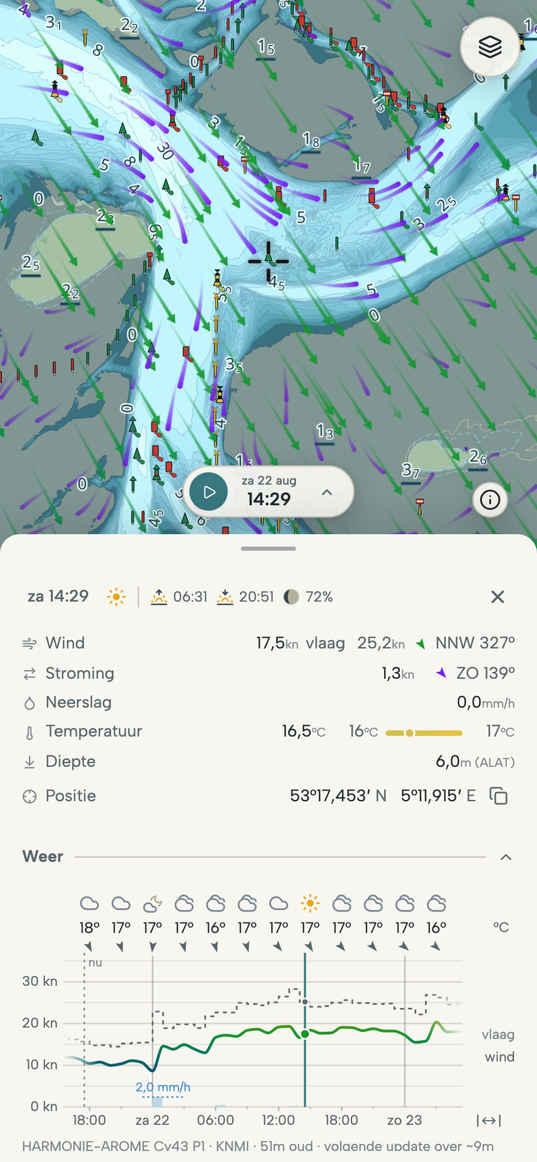 Telefoon met een aangetikt punt in het Vlie, tussen Vlieland en Terschelling: wind, stroming, temperatuur en diepte, met de verwachting voor de komende uren.