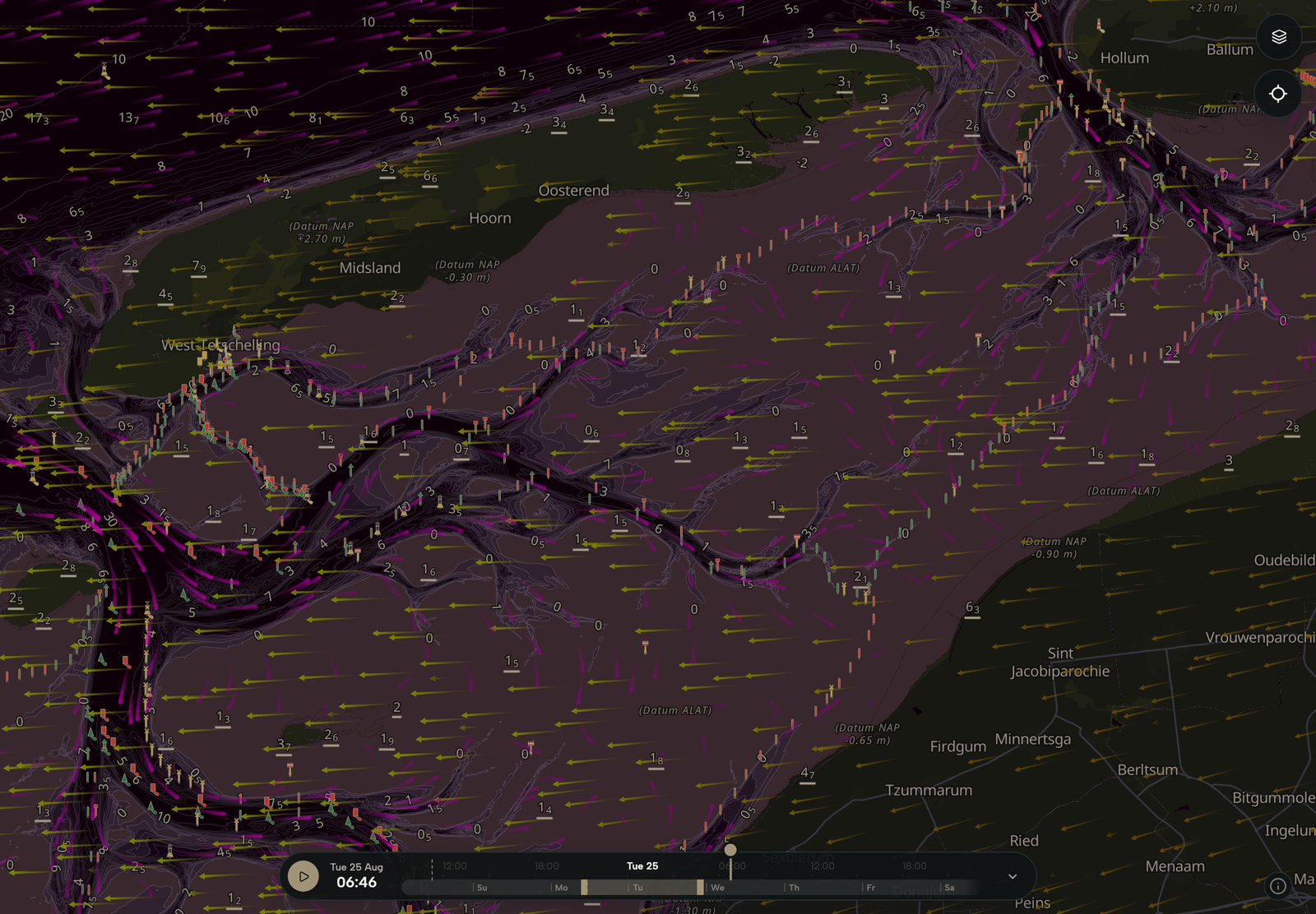 Tablet showing the Wadden Sea chart between Terschelling and the Frisian coast, with the timeline set to tomorrow and wind and current across the map.