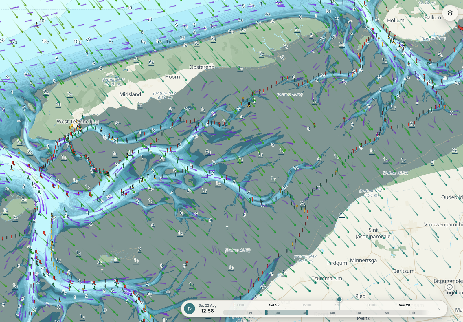 Tablet with the Wadden Sea chart between Terschelling and the Frisian coast, the timeline set to tomorrow, wind and current over it.