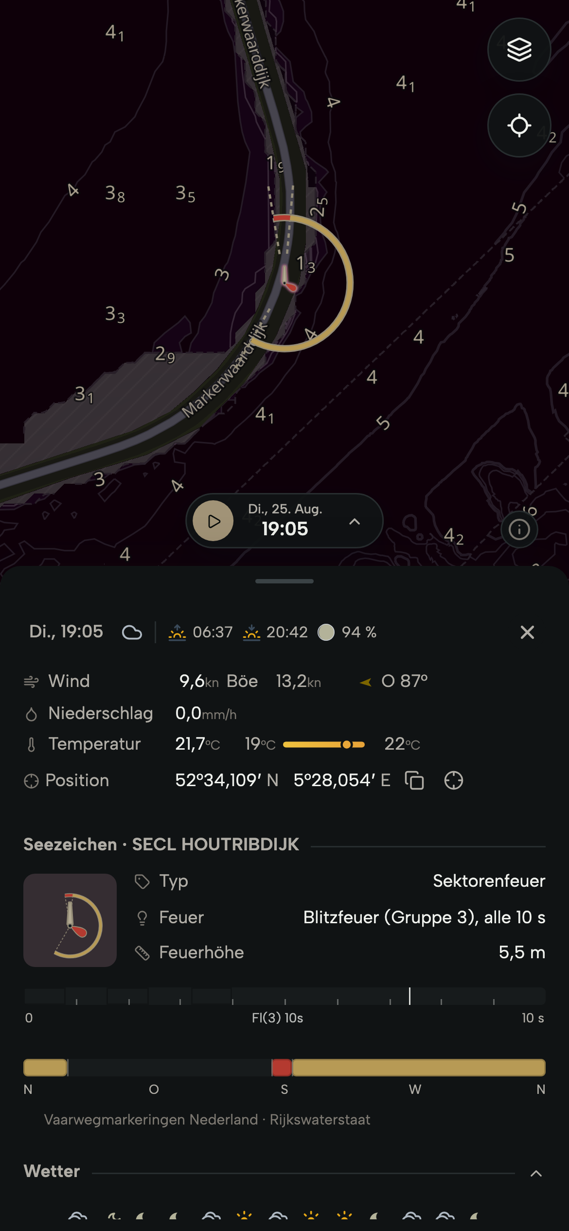 Smartphone mit dem ausgewählten Sektorenfeuer am Houtribdijk: Kennung, Sektoren und Rhythmus im Informationsfeld.