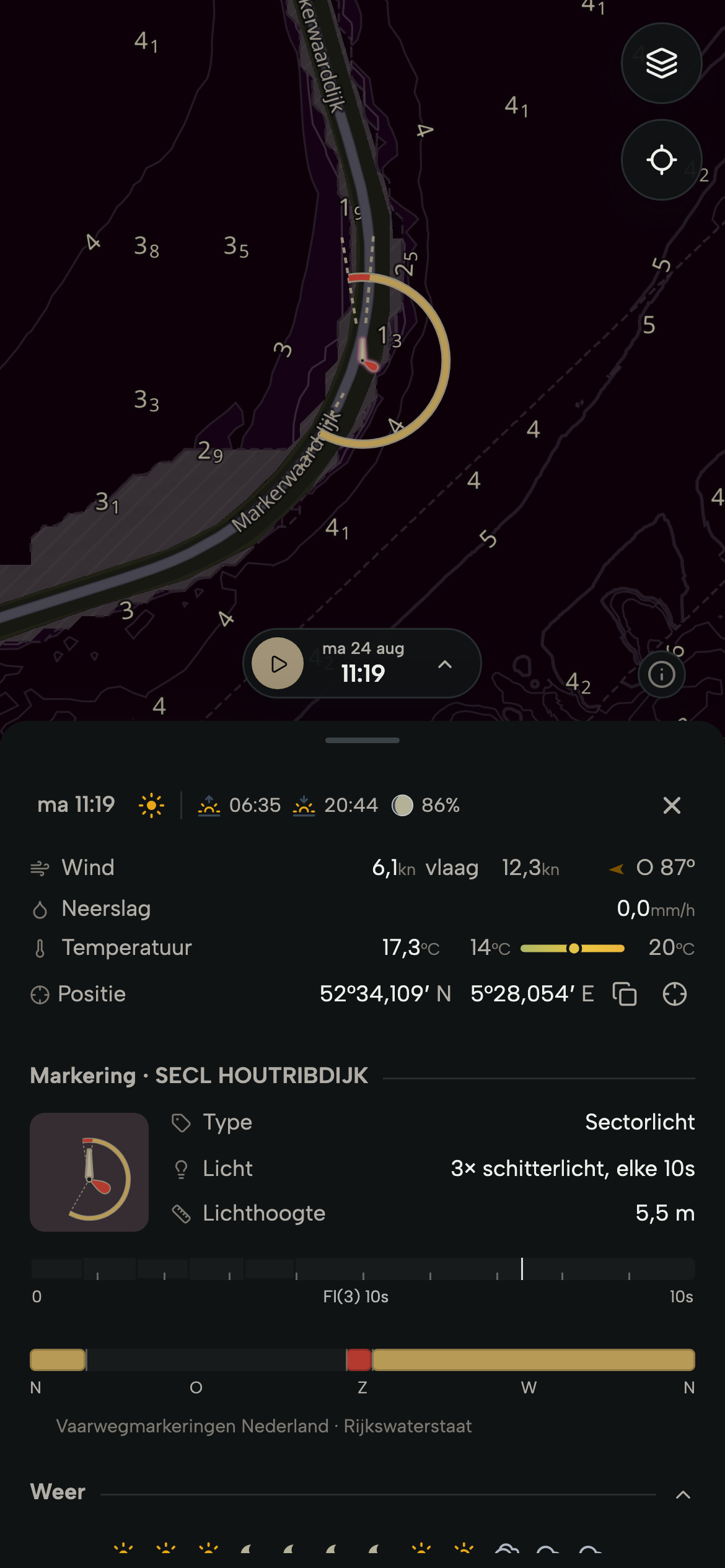 Telefoon met het sectorlicht op de Houtribdijk geselecteerd: het karakter, de sectoren en het ritme in het informatiepaneel.