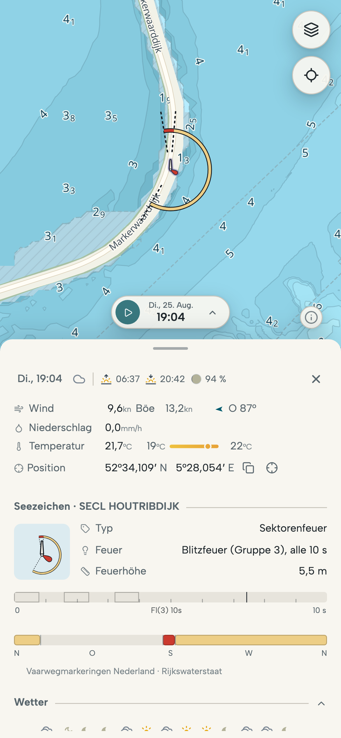 Smartphone mit dem ausgewählten Sektorenfeuer am Houtribdijk: Kennung, Sektoren und Rhythmus im Informationsfeld.