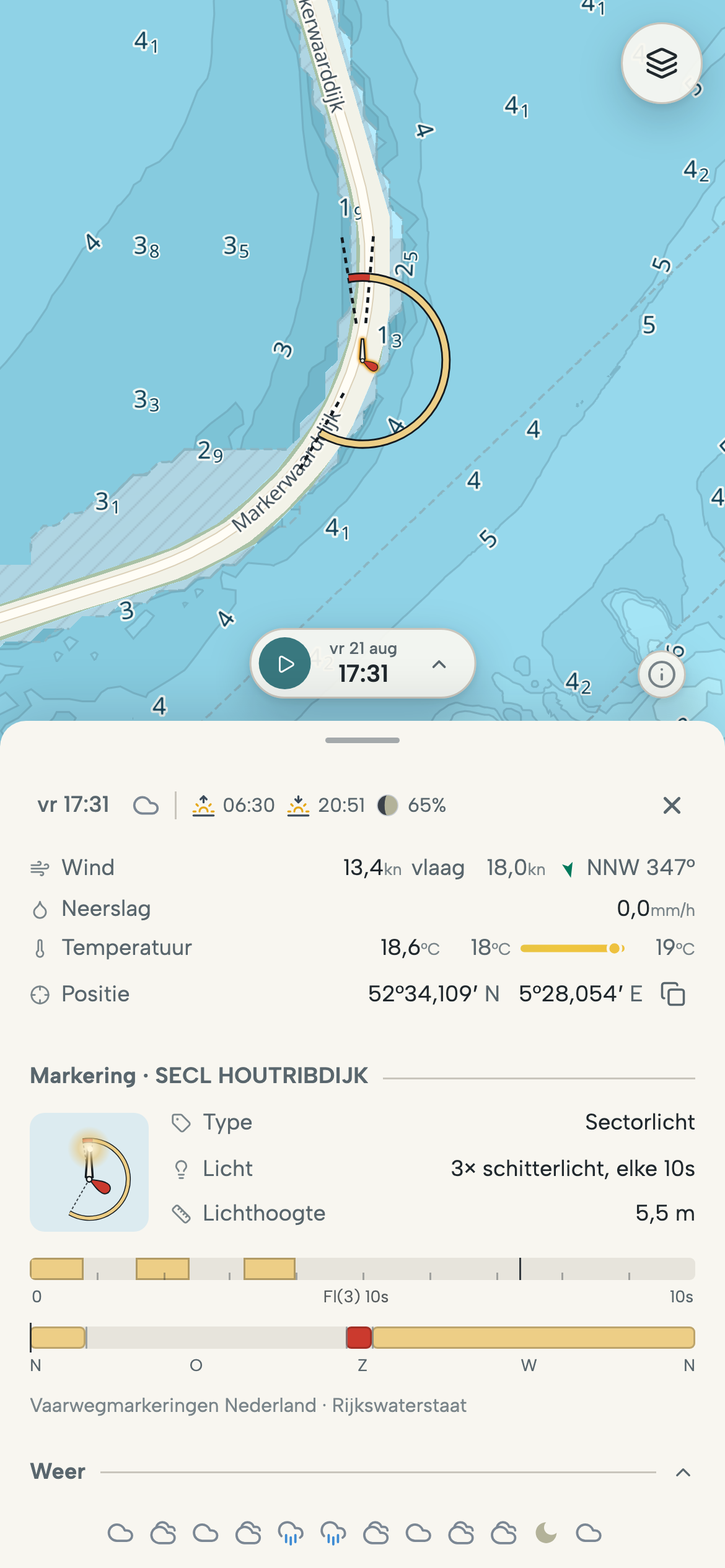 Telefoon met het sectorlicht op de Houtribdijk geselecteerd: het karakter, de sectoren en het ritme in het informatiepaneel.