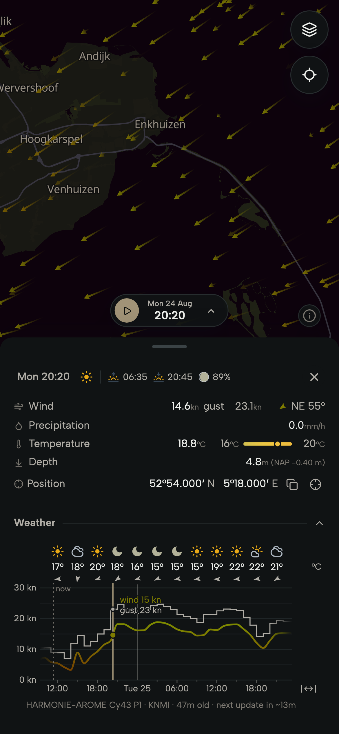 Phone with the wind over the IJsselmeer and the weather graph for a chosen point: wind, gusts, temperature and rain by the hour.