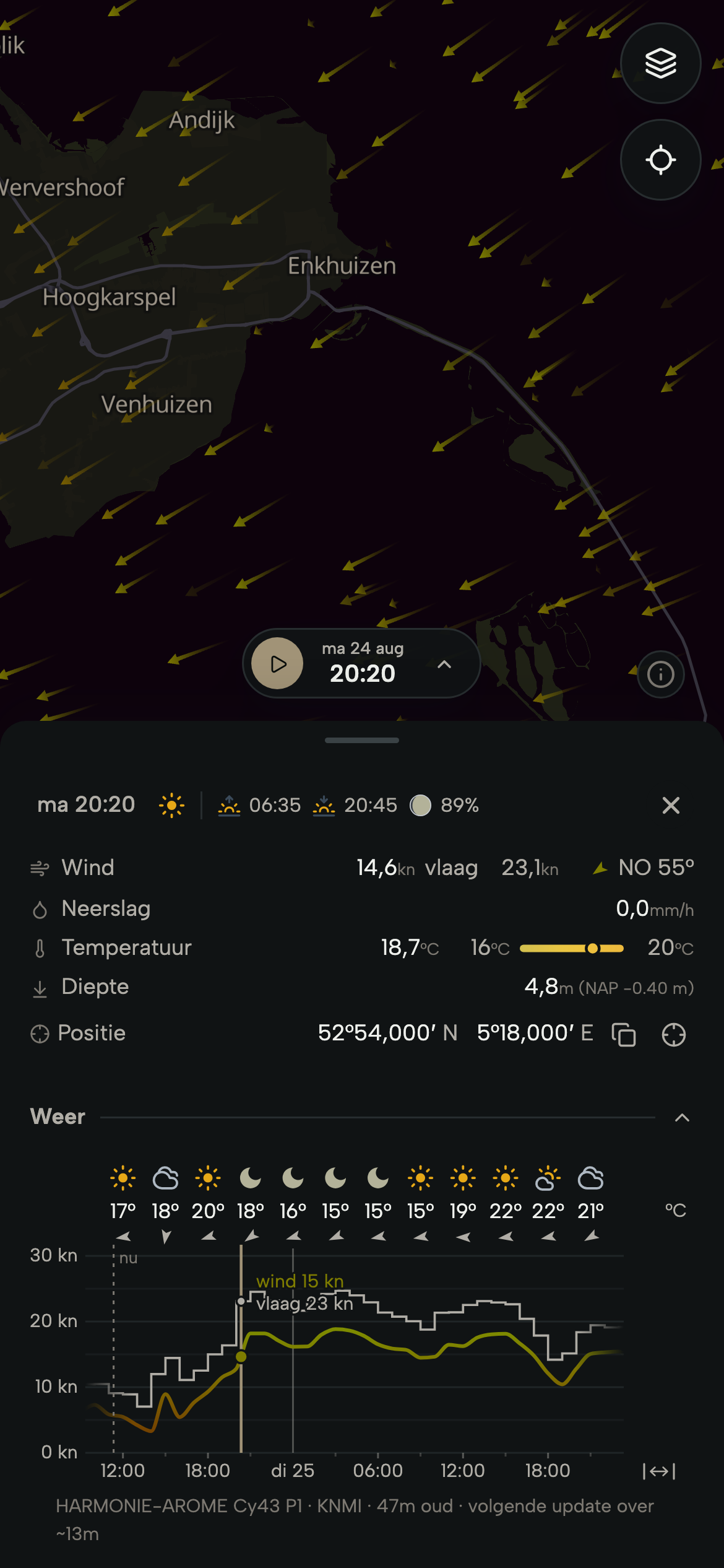 Telefoon met de wind die over het IJsselmeer trekt en de weergrafiek voor een gekozen punt: wind, vlagen, temperatuur en regen per uur.