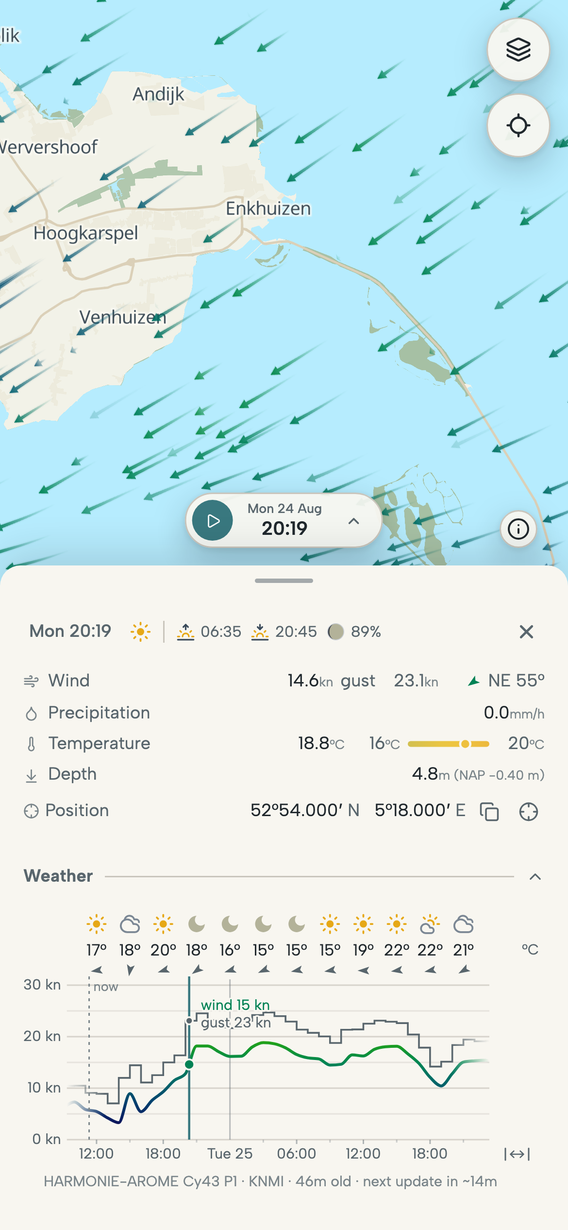 Phone with the wind over the IJsselmeer and the weather graph for a chosen point: wind, gusts, temperature and rain by the hour.