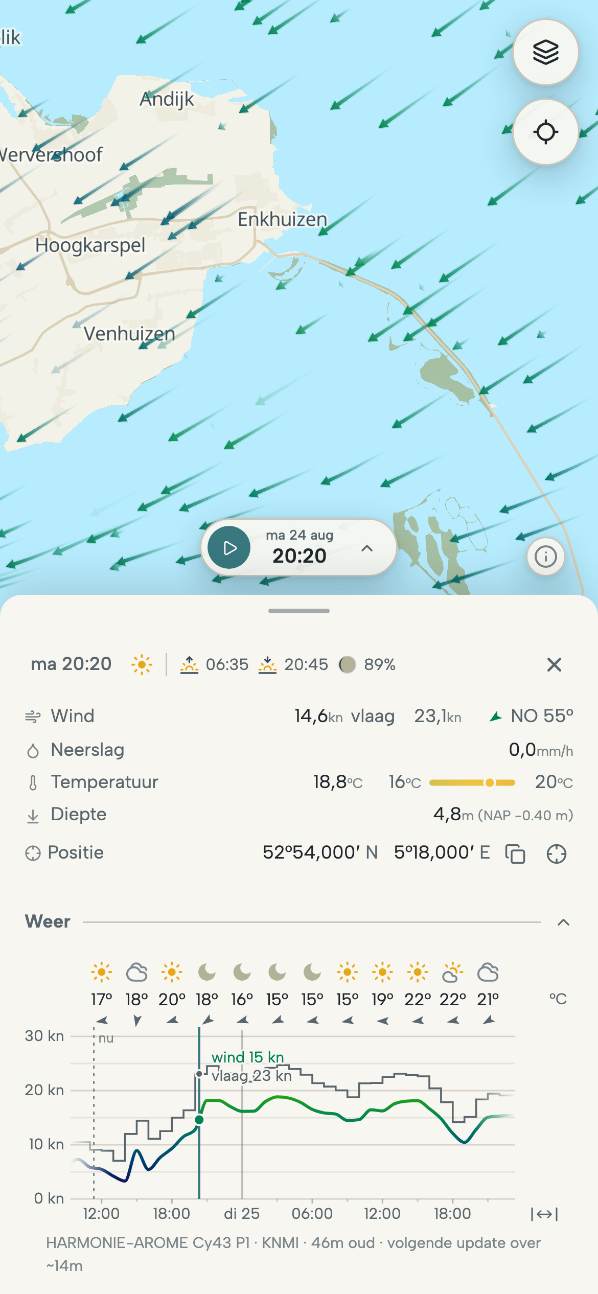 Telefoon met de wind die over het IJsselmeer trekt en de weergrafiek voor een gekozen punt: wind, vlagen, temperatuur en regen per uur.